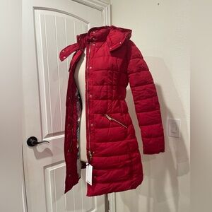 Desigual Women's 36 Padded INGA Jacket Red Longline Hood Floral inside size2